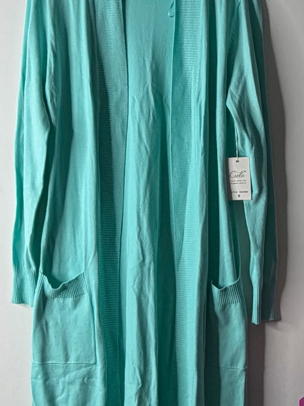 Cielo Long Open-Front Cardigan in Aqua Teal